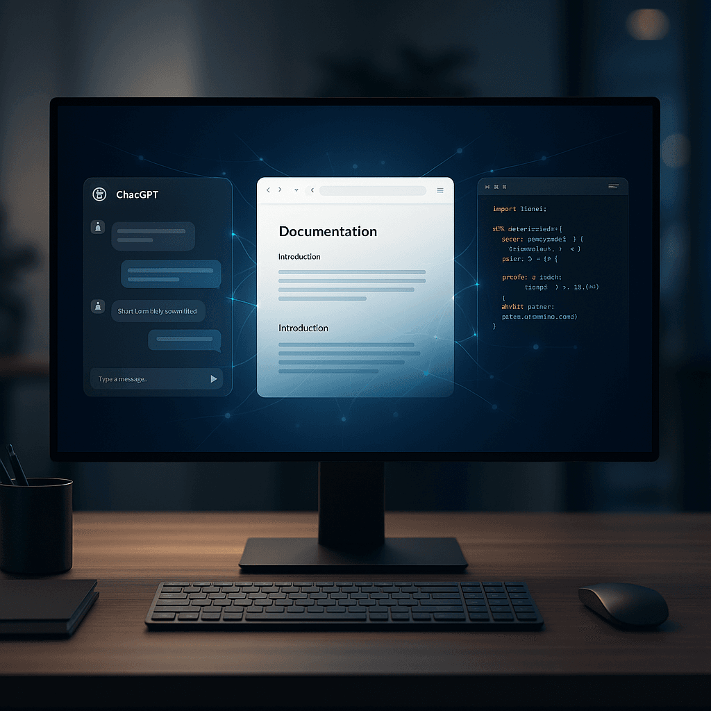 Futuristic minimalist desktop UI showing OpenAI unified app with ChatGPT and coding tools integrated