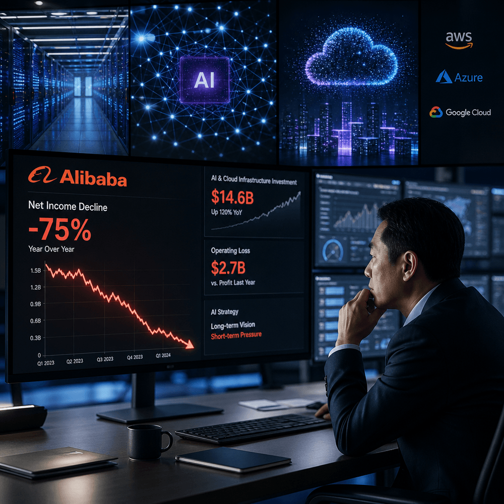 Alibaba's June-quarter net income fell 75% year-on-year as AI infrastructure capex jumped 75% to nearly $10 billion, even as Alibaba Cloud's AI revenue grew 45%